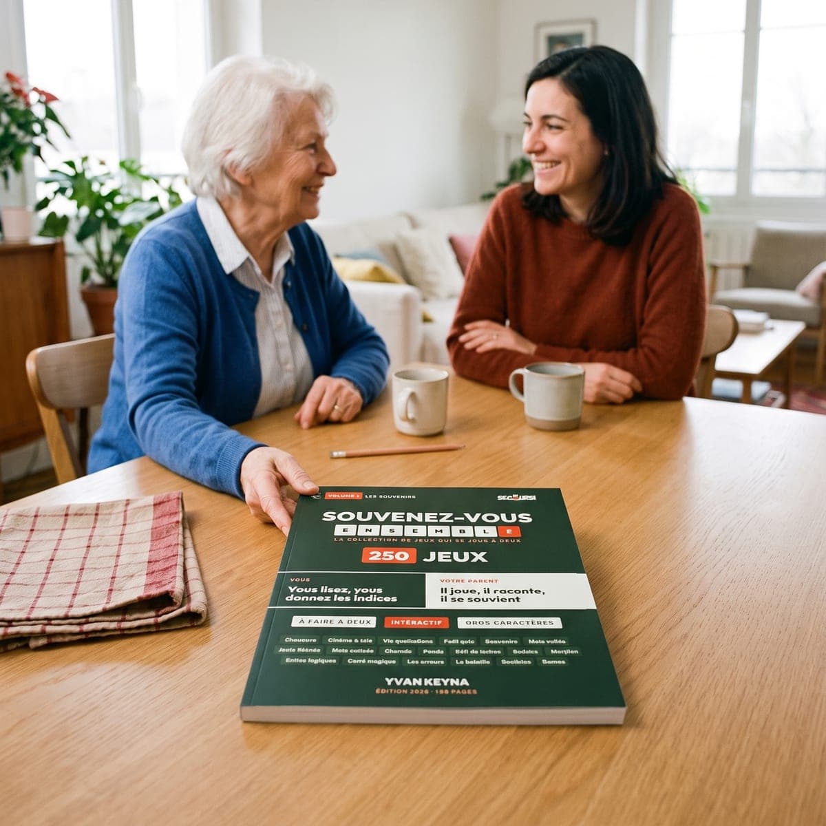 An older mother and her daughter laughing together at a table, the book “Let's Remember Together” in front of them